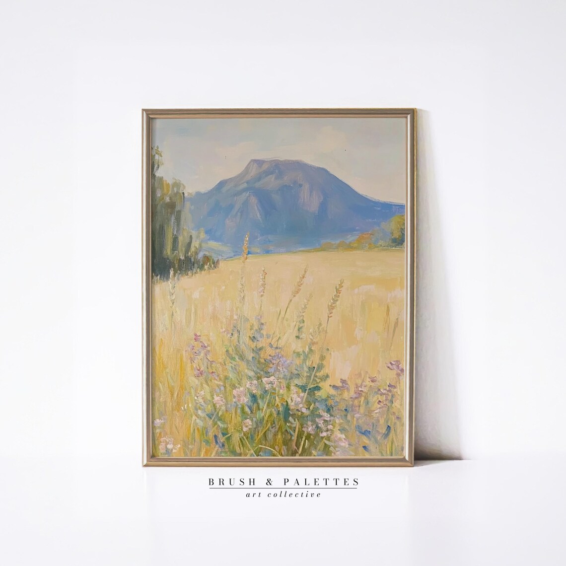 Golden Wheat Field Wildflowers Mountain Pastoral Landscape Poster
