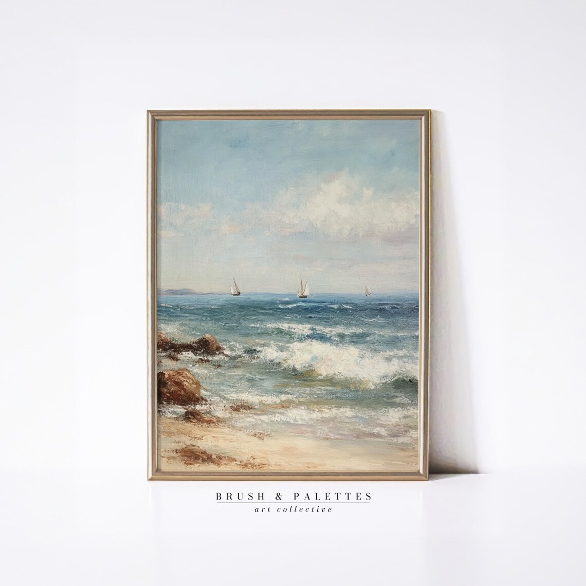 Sailboats On Blue Ocean Rocky Shore Classic Seascape Painting Print