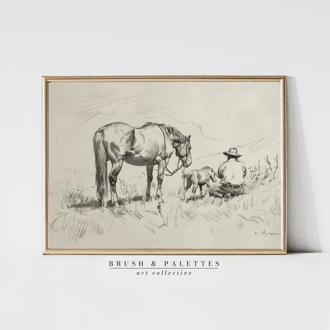 Western Cowboy Horse and Dog Pencil Sketch Rustic Farmhouse Wall Art