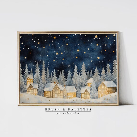 Snowy Christmas Village Night Watercolor Starry Sky Cozy Wall Art