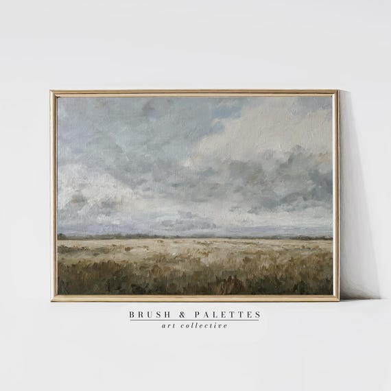 Minimalist Open Field Painting Clowdy Sky Neutral Landscape Wall Art Loose Brushstroke Style For Modern Rustic Homes