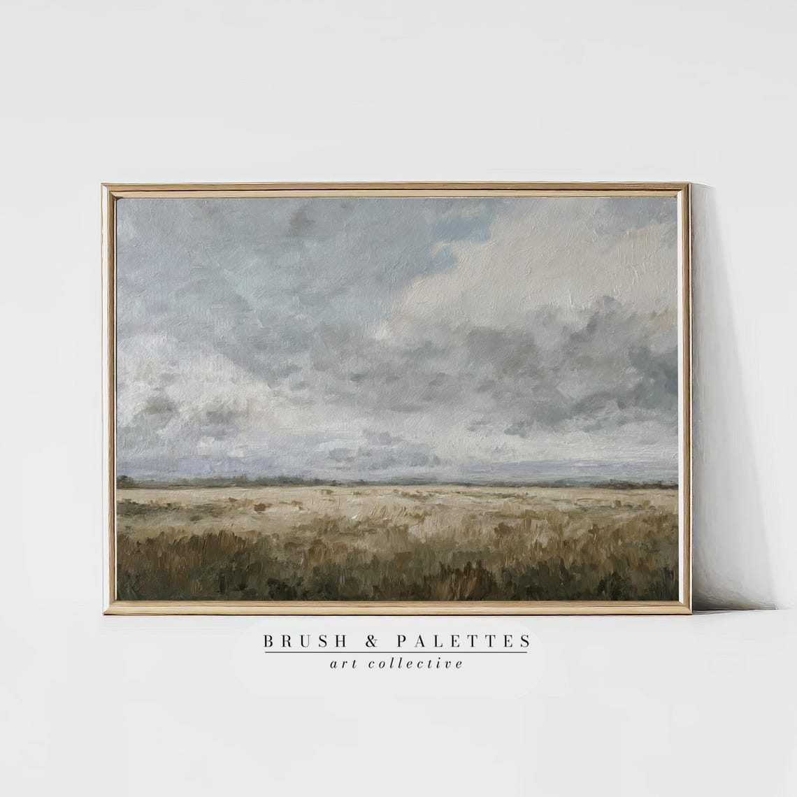 Open Field Under Cloudy Grey Sky Minimalist Oil Painting Poster