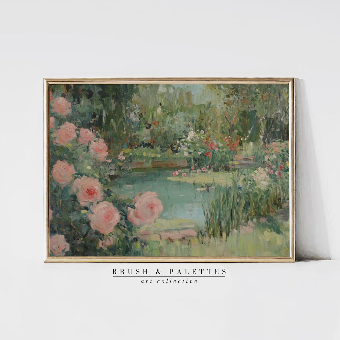 Pink Rose Garden Quiet Pond Impressionist Floral Landscape Print