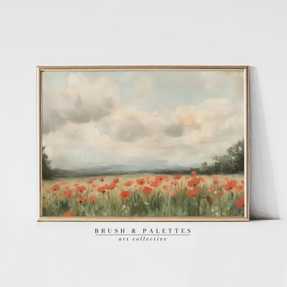 Poppy Field Oil Painting Floral Landscape Art Vintage Country Farmhouse Wall Decor With Soft Red And Green Tones