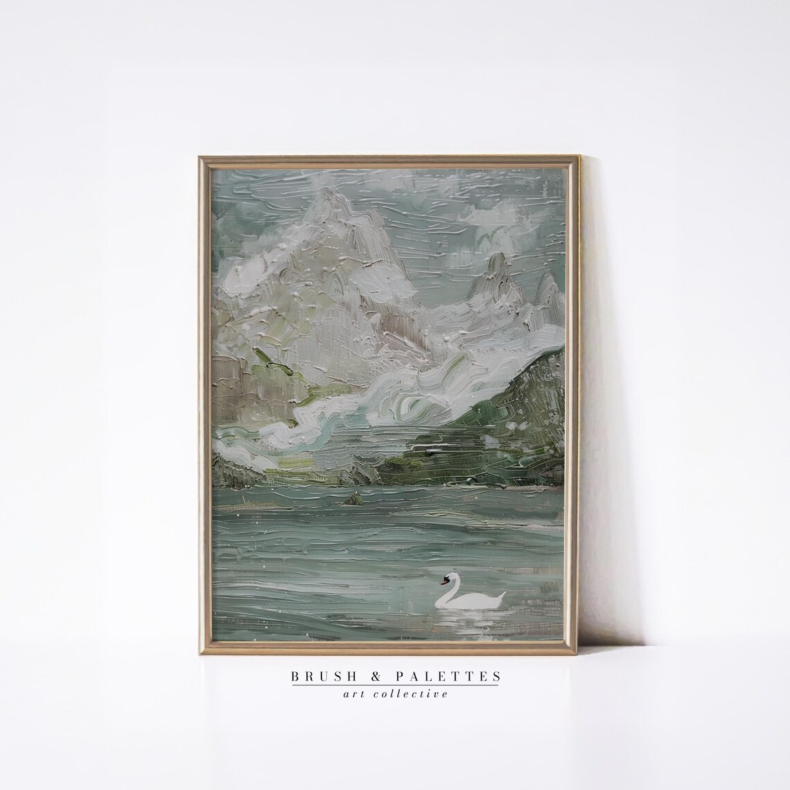 Snowy Mountain Lake With White Swan Textured Oil Painting Poster