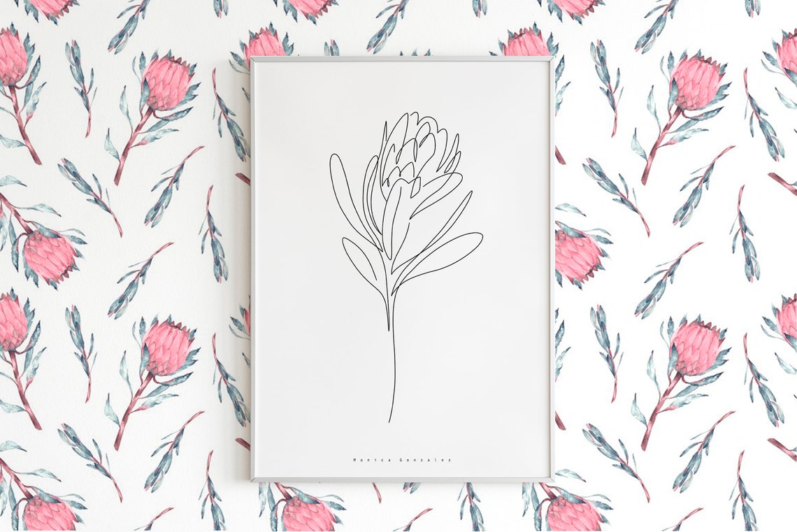 Protea Flower Single Line Drawing Minimal Botanical Art Poster