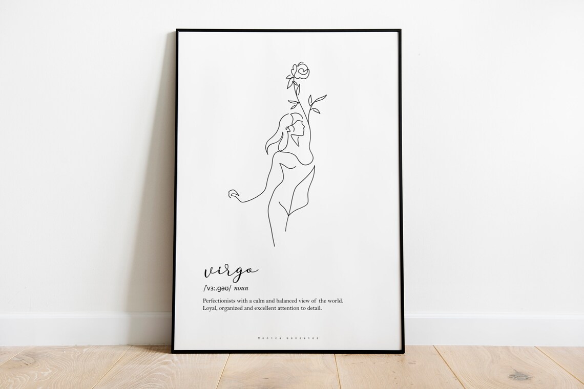 Virgo Zodiac Definition Line Art Poster with Floral Woman Illustration - Image 3