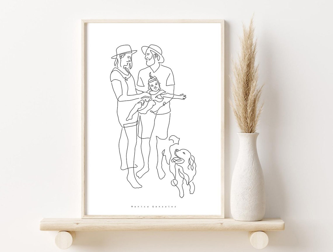 Family Portrait Illustration Personalized Birthday Gift For Her Line Drawing From Photo Art Commission One Line Drawing - Image 3