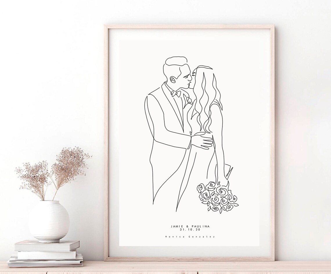 Wedding Couple Kiss Rose Bouquet Line Art Poster Timeless Elegant