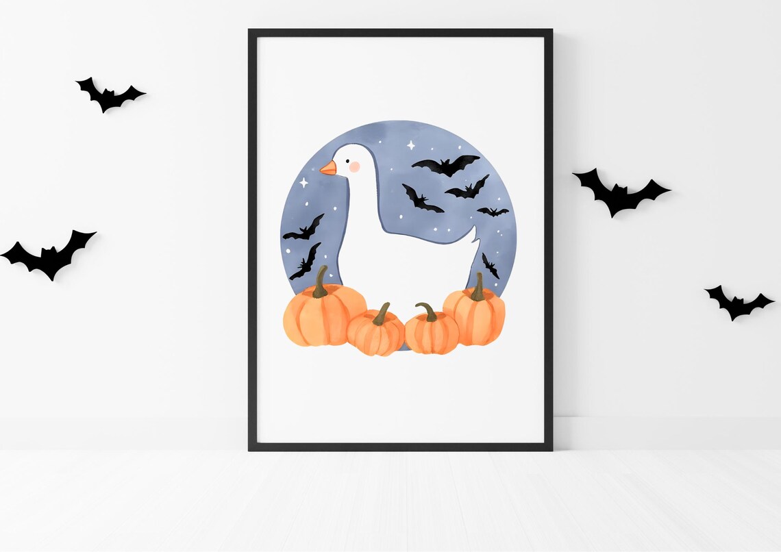 Watercolor Halloween Goose Pumpkins Bats Cute Kids Room Art Poster