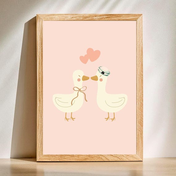 Love Goose Print Pink Nursery Decor Pastel Playroom Wall Art Couple Poster Is In The Air Girl Room Two Gooses