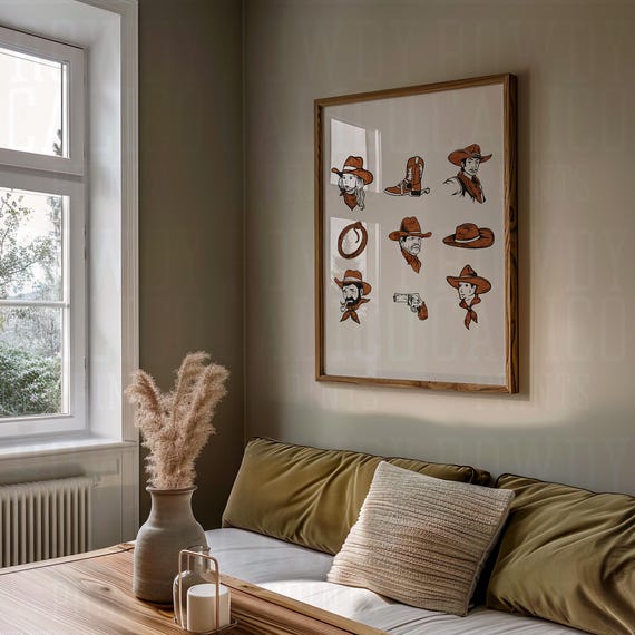 Cowgirl And Cowboys Western Vintage Style Prints Minimalist Neutral Colors Trendy Wall Art Poster Orange