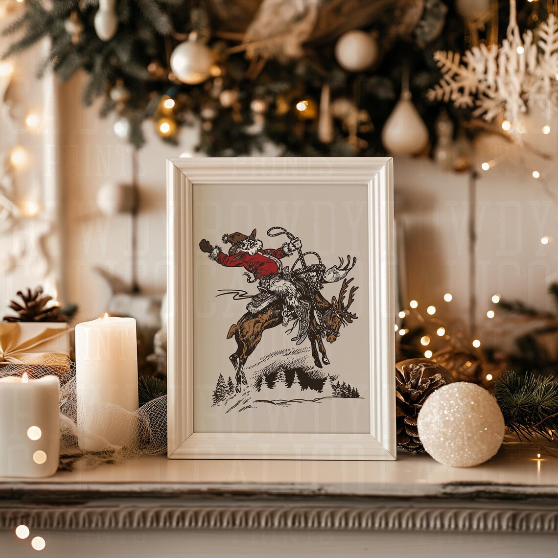Cowboy Santa Lasso Riding Bucking Reindeer Vintage Western Christmas Poster
