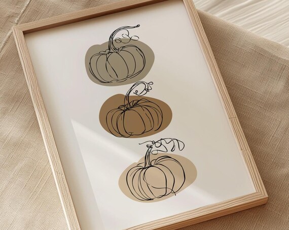 Three Pumpkins Line Art Neutral Beige Fall Autumn Decor Poster