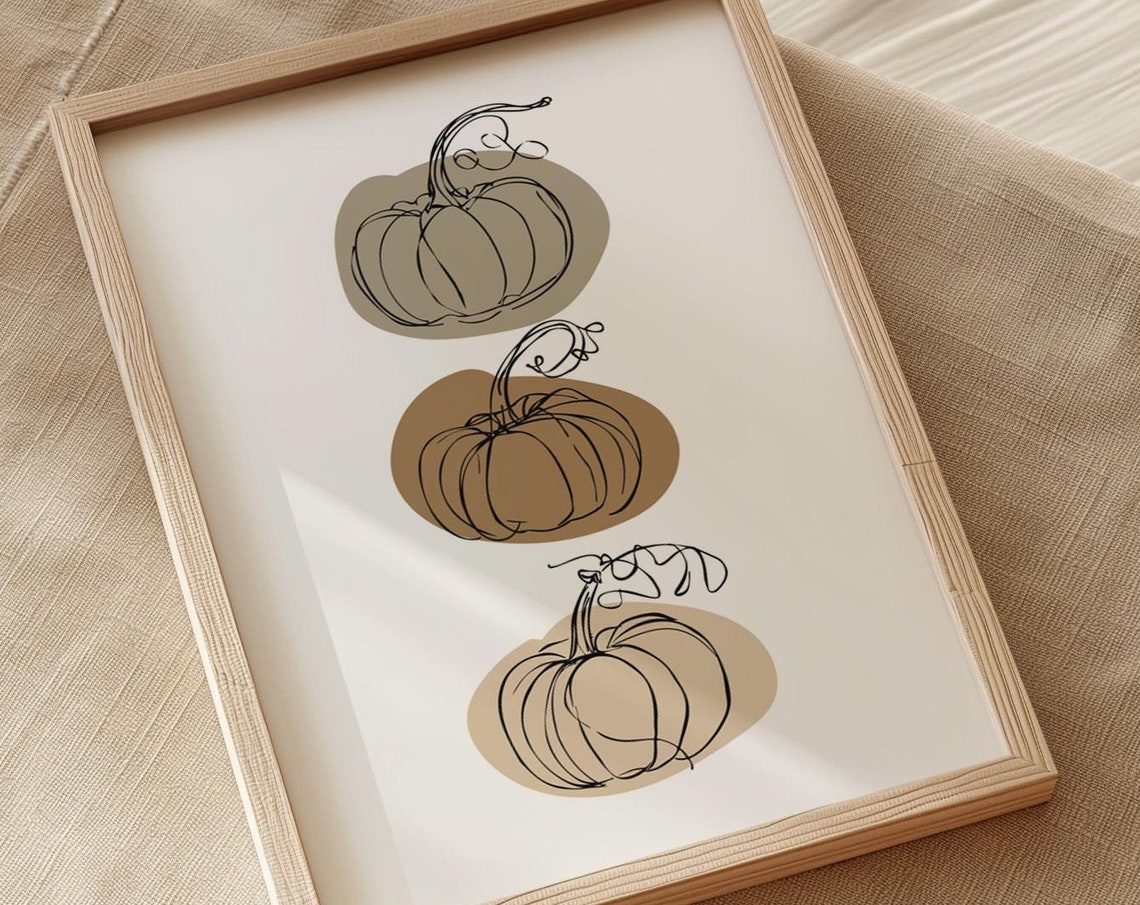 Three Pumpkins Line Art Neutral Beige Fall Autumn Decor Poster