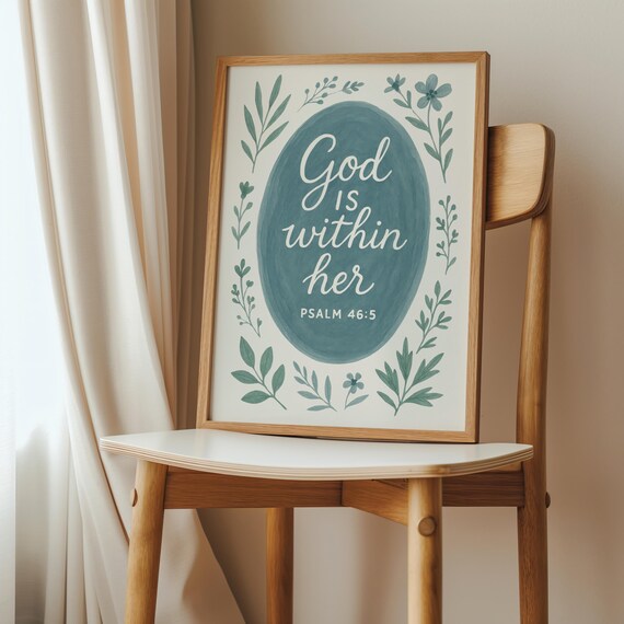 God Is Within Her Psalm 465 Christian Wall Art Blue Green Scripture Decor Faithbased Floral Bible Verse