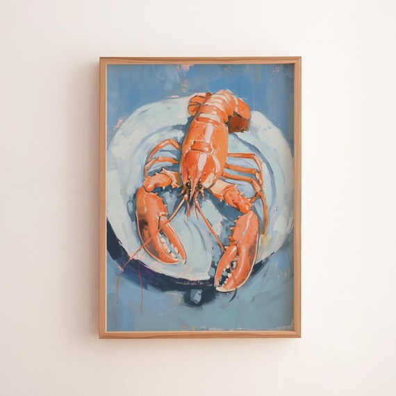 Red Lobster Blue Plate Painterly Coastal Kitchen Wall Decor Poster