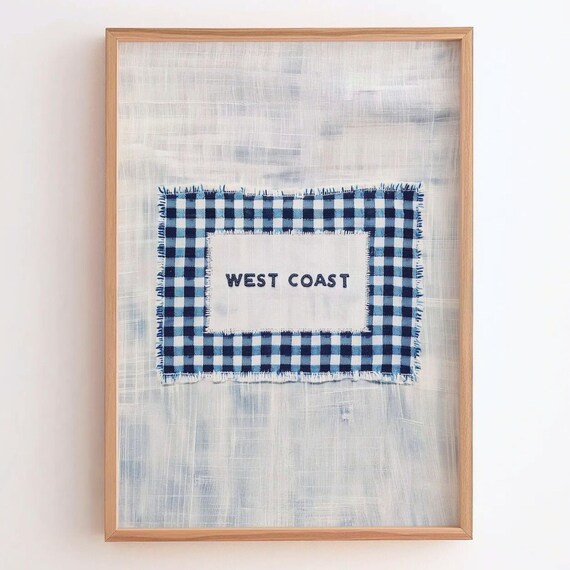 West Coast Blue Gingham Embroidered Patch Coastal Wall Poster