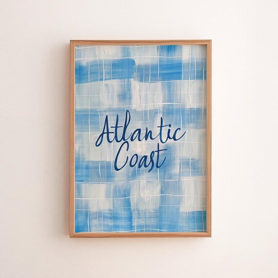 Atlantic Coast Navy Blue Gingham Coastal Script Typography Poster