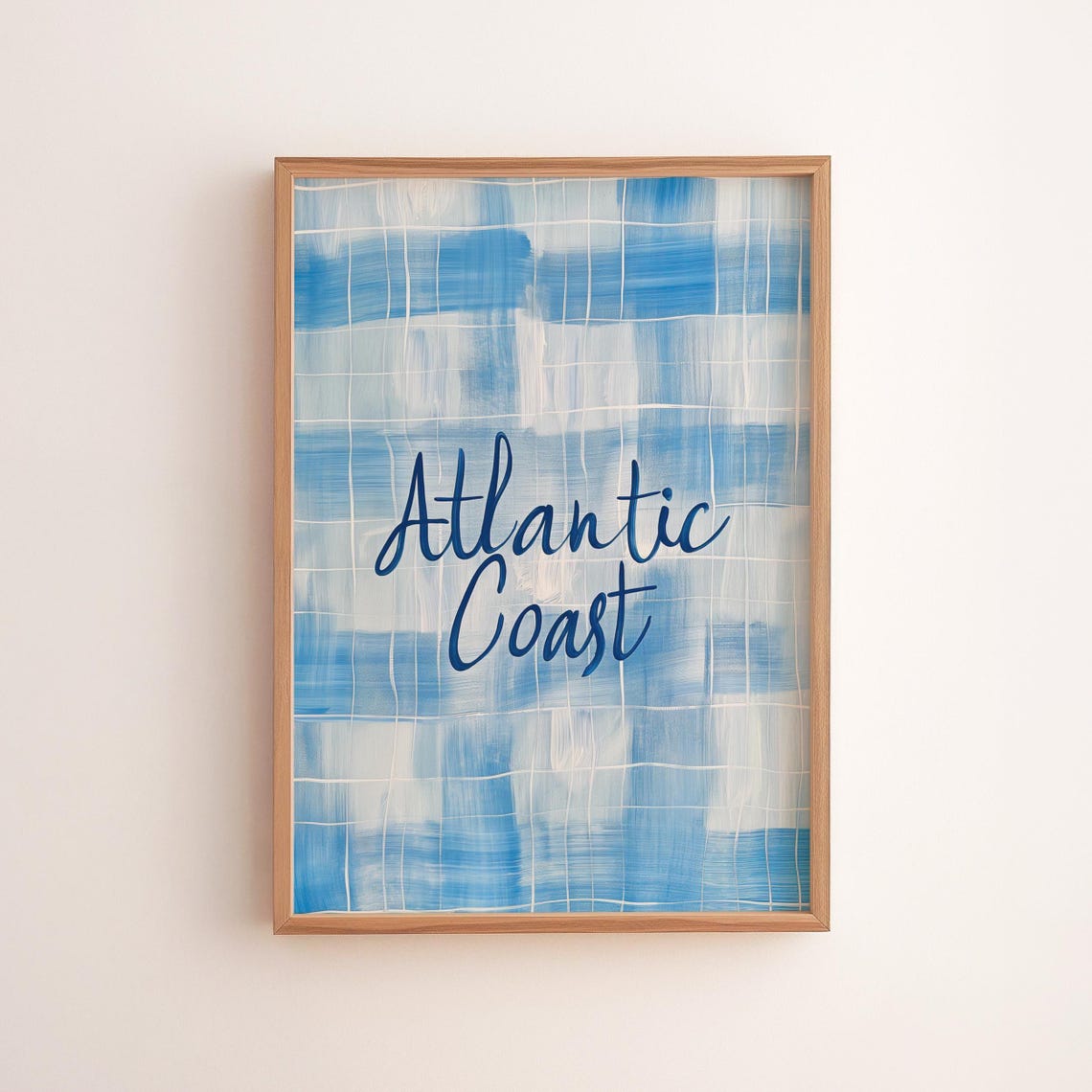 Atlantic Coast Navy Blue Gingham Coastal Script Typography Poster
