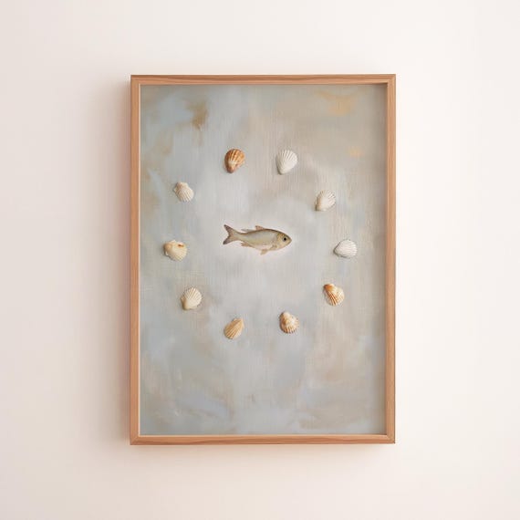Coastal Fish Seashell Print Rustic Nautical Wall Art