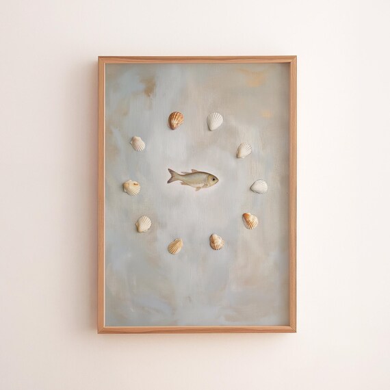 Minimalist Fish With Seashell Ring Coastal Marine Decor Art Poster