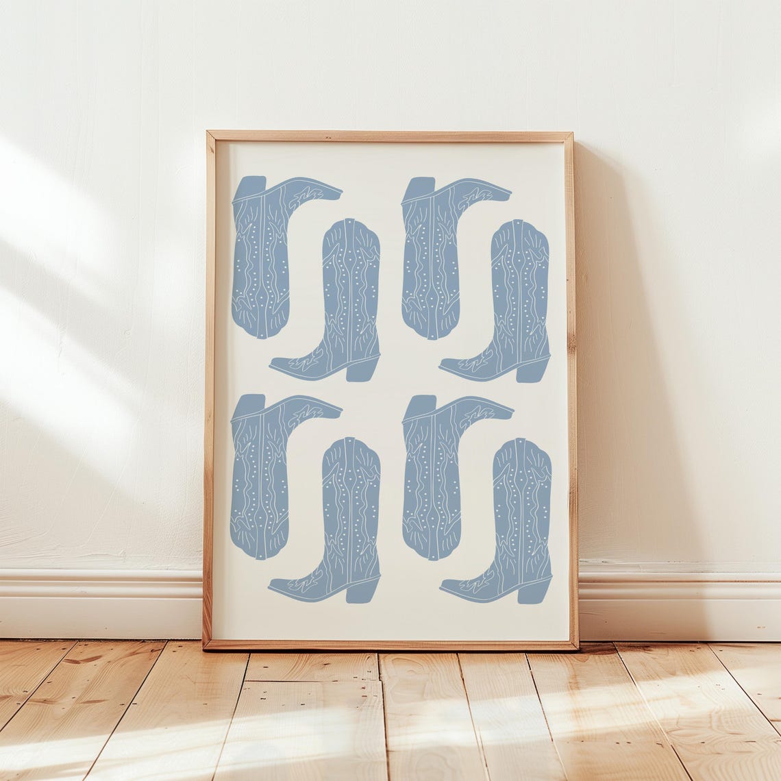 Blue Cowboy Boots Pattern Western Illustration Minimalist Poster