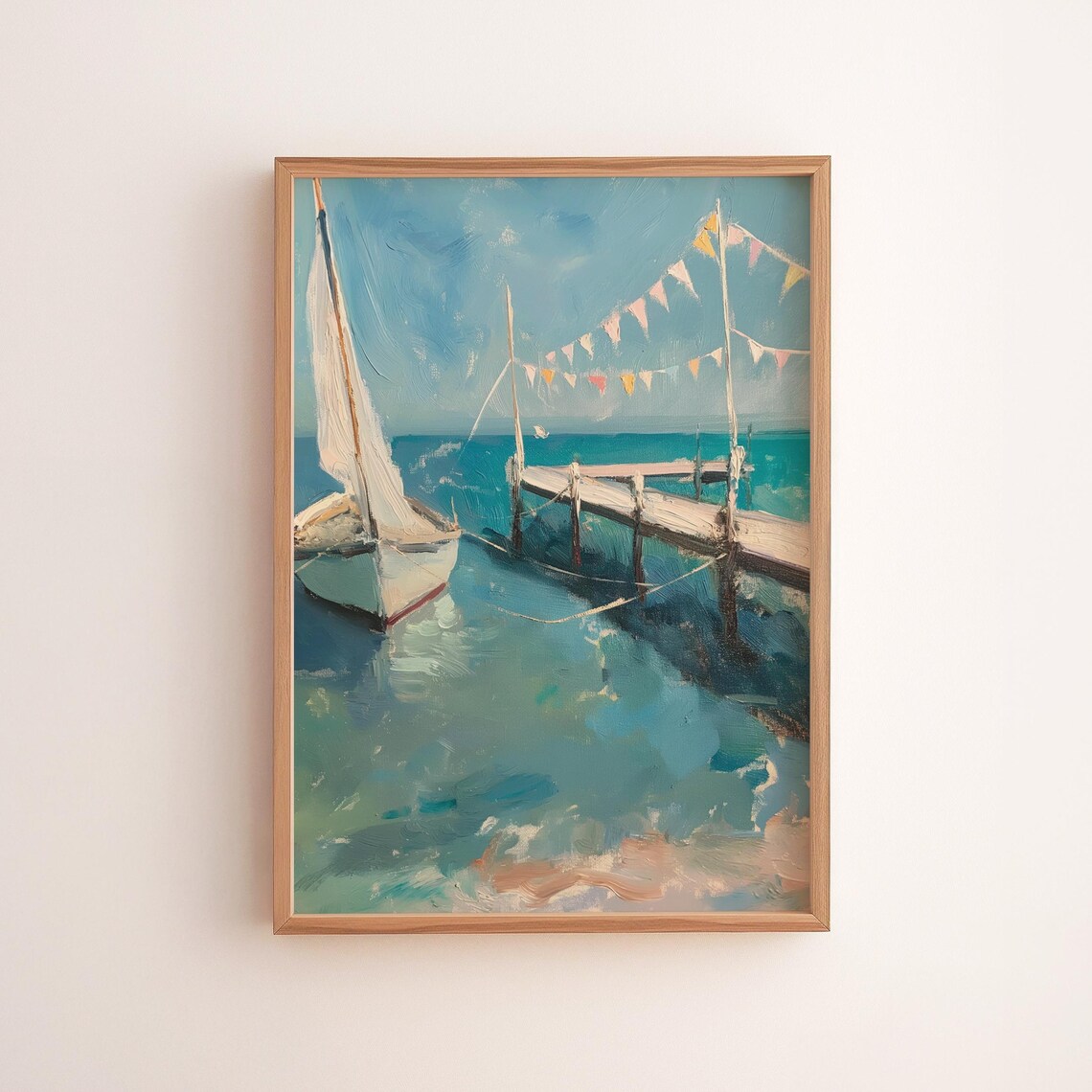 Sailboat at Wooden Pier Bunting Flags Turquoise Sea Coastal Painting Poster