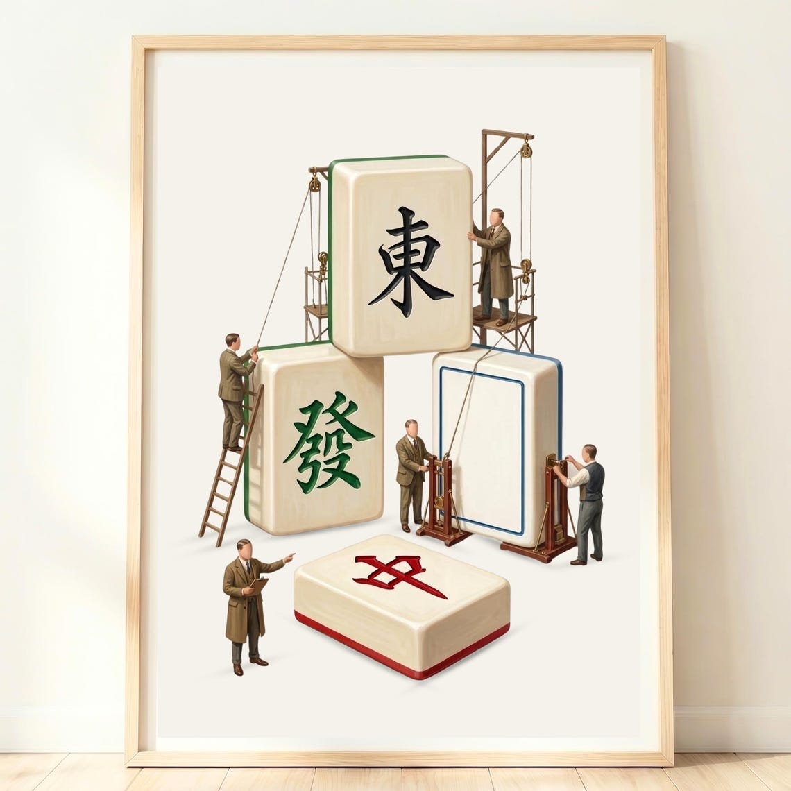 Giant Mahjong Tiles Miniature Workers Chinese Game Room Wall Art