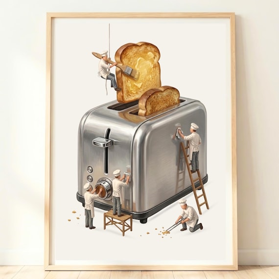 Giant Chrome Toaster With Tiny Chefs Funny Breakfast Kitchen Poster
