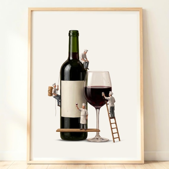 Tiny Chefs Around Giant Red Wine Bottle And Glass Whimsical Poster