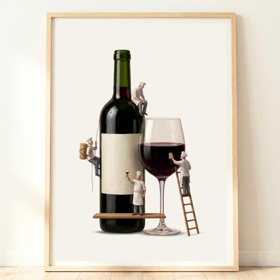 Wine Bottle Wall Art Red Decor Home Bar Artwork Kitchen Illustration Food And Drink Print