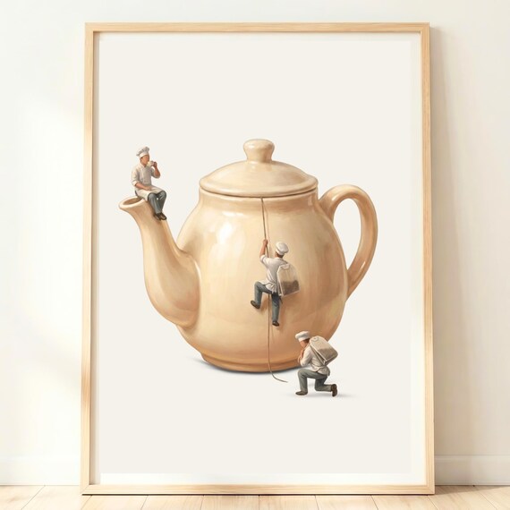 Tiny Chefs Climbing A Giant Cream Teapot Whimsical Kitchen Wall Art