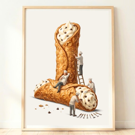 Tiny Chefs Assembling Giant Chocolate Chip Cannoli Pastry Poster