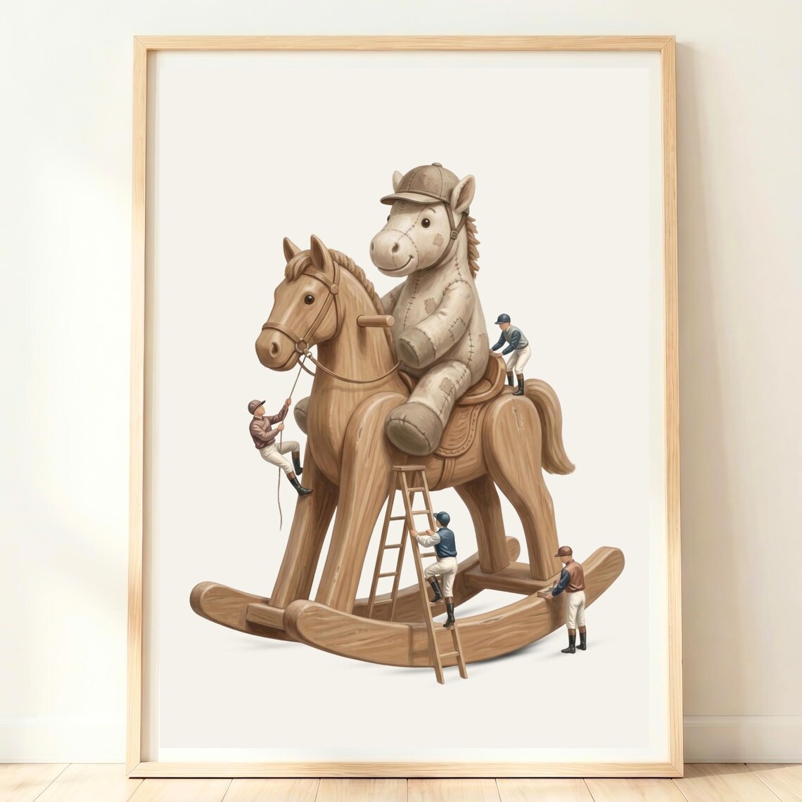 Plush Horse Riding Wooden Rocking Horse Whimsical Nursery Poster