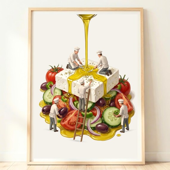 Tiny Chefs Giant Greek Salad Feta Olive Oil Kitchen Art Poster