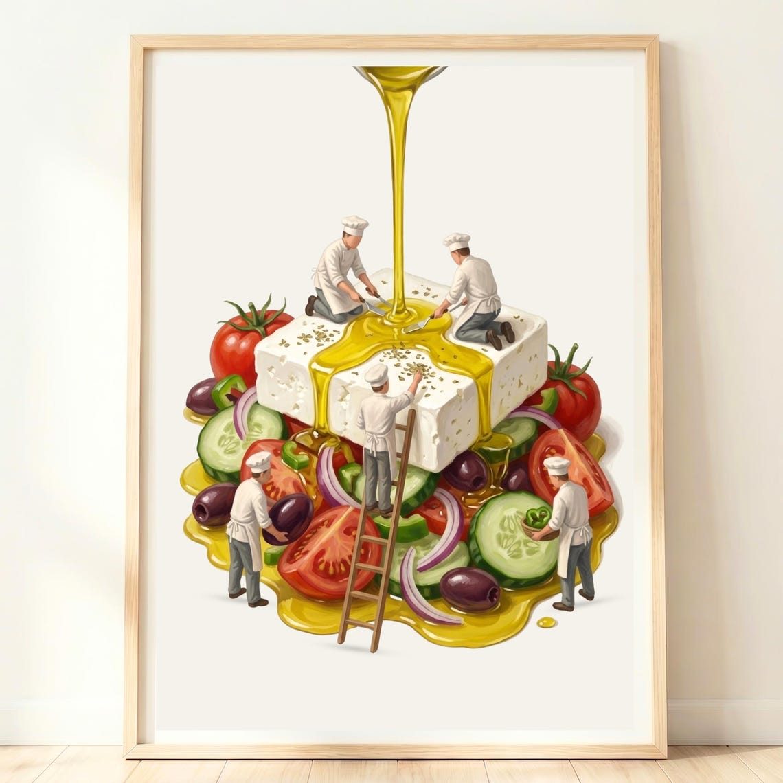 Tiny Chefs Giant Greek Salad Feta Olive Oil Kitchen Art Poster