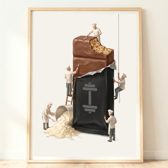 Giant Protein Bar With Dumbbell Icon Tiny Chefs Funny Gym Poster