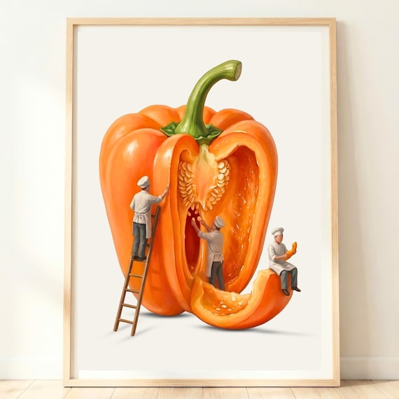 Giant Orange Bell Pepper Tiny Chefs Surreal Kitchen Art Poster