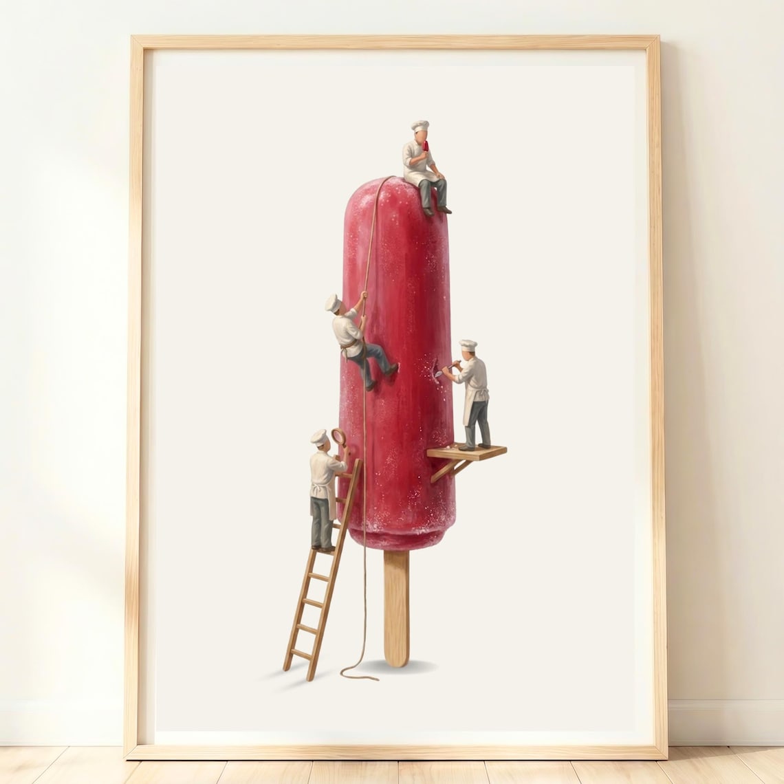 Tiny Chefs Climbing A Giant Red Popsicle Whimsical Summer Kitchen Poster