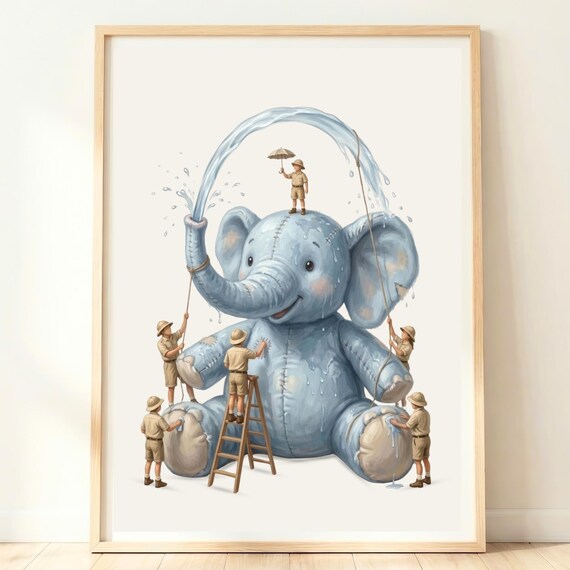 Blue Plush Elephant Splashing Water Playful Kids Nursery Poster
