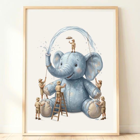 Elephant Nursery Art Safari Decor Teddy Bear Boy Light Blue New Baby Gift
