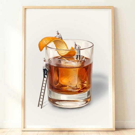 Old Fashioned Cocktail Poster, Bar Cart Decor