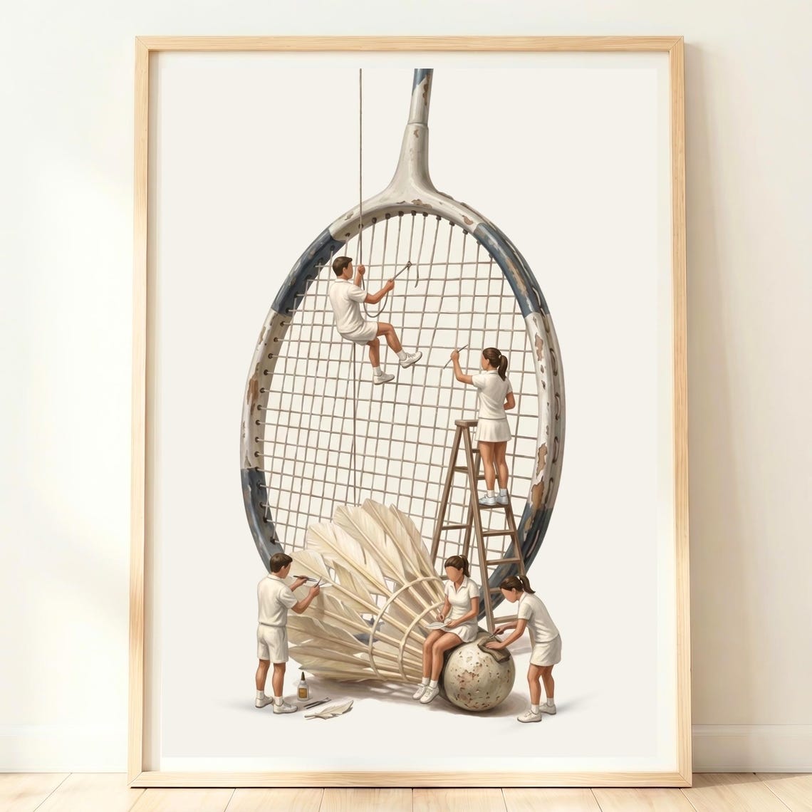 Giant Badminton Racket Shuttlecock Tiny Players Sport Art Poster