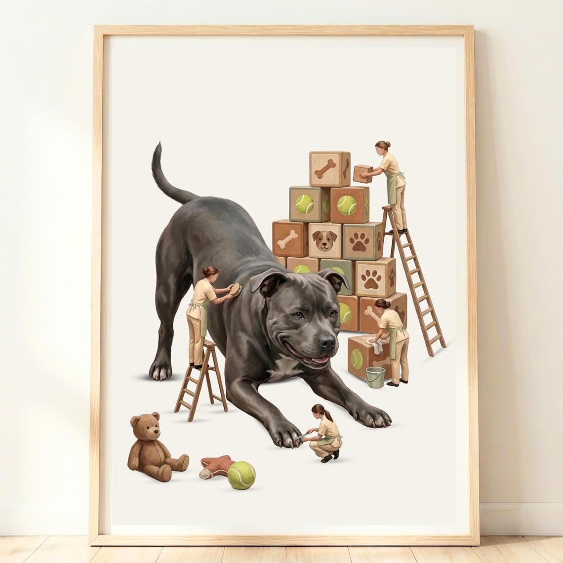 Giant Staffy Pampered By Tiny Caretakers Whimsical Dog Poster