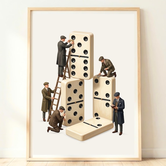 Giant Dominoes Inspected by Vintage Gentlemen Whimsical Game Art Poster