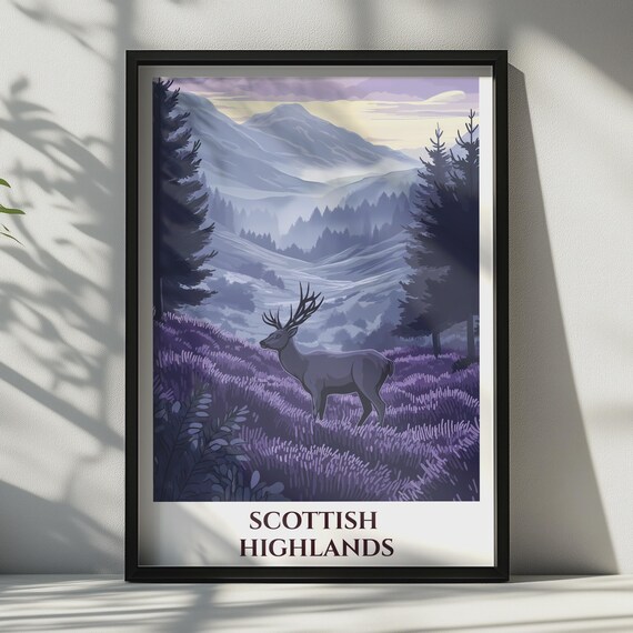 Scottish Highlands Stag Print Scotland Travel Poster Purple Heather Wall Art