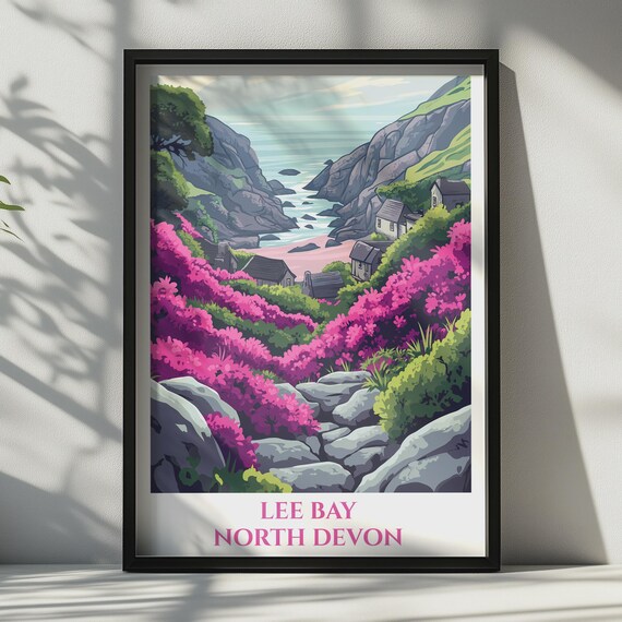 Lee Bay North Devon Travel Poster Coastal Village Wall Art Pink Floral Print
