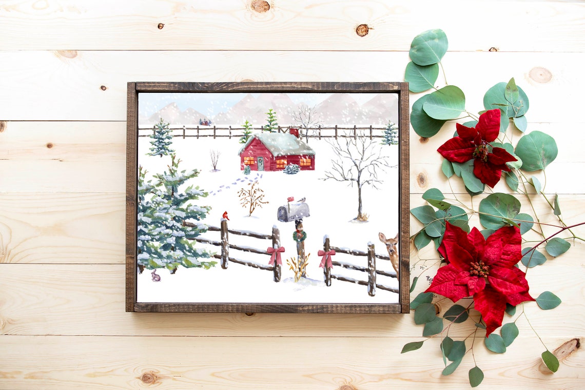 Country Christmas Red House 5x7 8x10 11x14 16x20 18x24 Snow Scene Deer Holiday Decor Watercolor Winter Print Farmhouse Diy Decor - Image 3