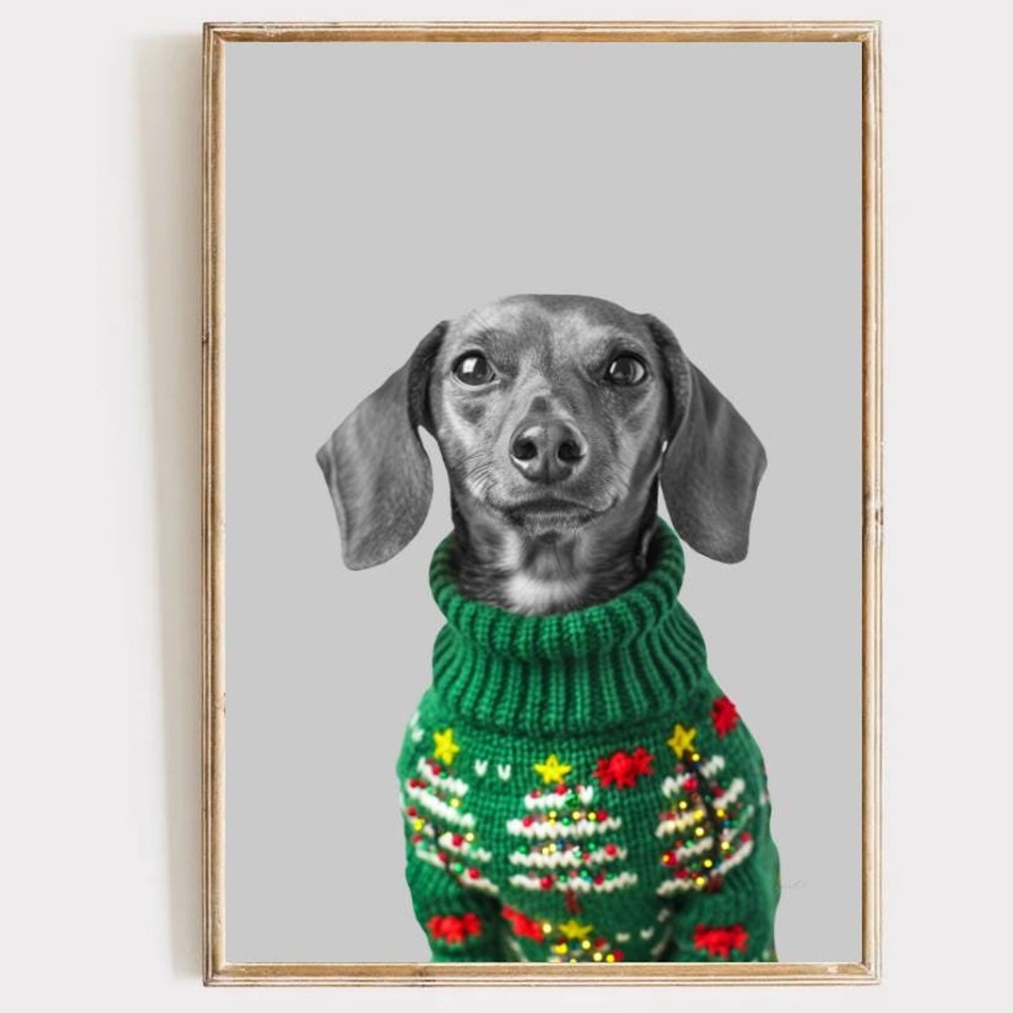 Christmas Dachshund In Green Sweater Portrait Animal Wall Art